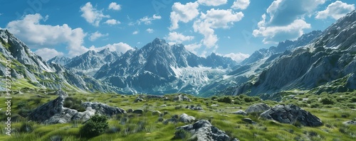 Rugged mountain terrain with a clear blue sky, 4K hyperrealistic photo photo