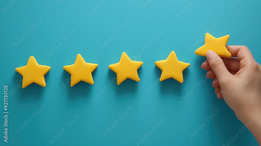 Hand Placing Fifth Star for Five Star Rating on Blue Background Hand Placing Fifth Star for Five Star Rating on Blue Background