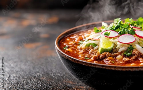 Aerial shot of a steaming bowl of pozole rojo, rich with hominy and tender pork, garnished with shredded cabbage, radishes, and lime wedges, surrounded by colorful tableware photo