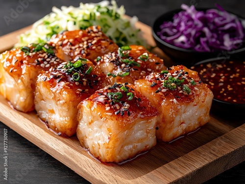 Anhuistyle stinky tofu, deepfried to a crispy texture, with a pungent, savory flavor, served on a wooden tray with pickled cabbage and chili sauce on the side