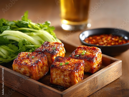 Anhuistyle stinky tofu, deepfried to a crispy texture, with a pungent, savory flavor, served on a wooden tray with pickled cabbage and chili sauce on the side photo