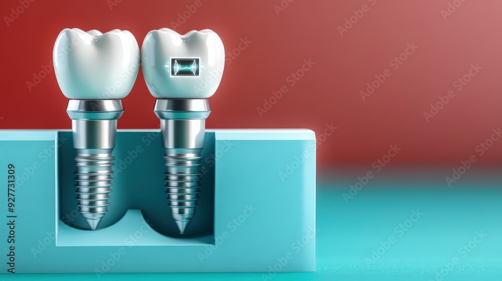 Two dental implants with crowns, one with a metal inlay, stand in a blue base against a red background. Two dental implants with crowns, one with a metal inlay, stand in a blue base against a red background.