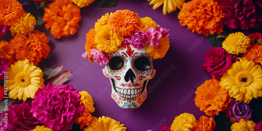 Day of the Dead skull surrounded by vibrant marigold and rose flowers. Day of the Dead skull surrounded by vibrant marigold and rose flowers.