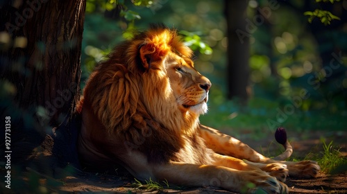 Lion resting in the shade of a tree