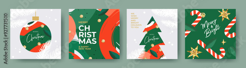 Merry Christmas and Happy New Year greeting card Set. Modern Xmas design with typography, beautiful Christmas tree and ball, snowflake, candy cane pattern. Minimal art banner, poster, cover templates