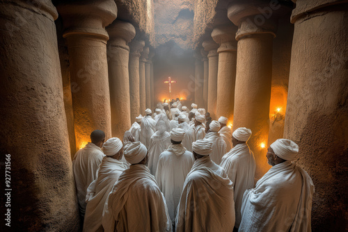 Traditional Ethiopian Christmas celebration in ancient rock-hewn church.