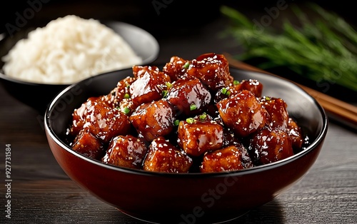 Dongpo pork from Hangzhou, a rich and tender braised pork belly with a glossy, caramelized exterior, served in a deep red lacquered bowl with a side of steamed rice