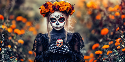 Young girl in traditional Day of the Dead costume holding sugar skull.