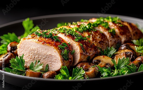 Herbcrusted turkey tenderloin, sliced and served on a bed of sauteed mushrooms with a drizzle of balsamic reduction