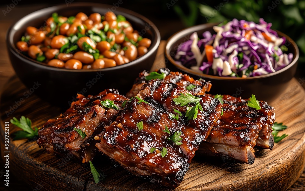 Memphisstyle barbecue ribs on a wooden board, glazed with sauce, with a side of coleslaw and baked beans in small dishes Memphisstyle barbecue ribs on a wooden board, glazed with sauce, with a side of coleslaw and baked beans in small dishes