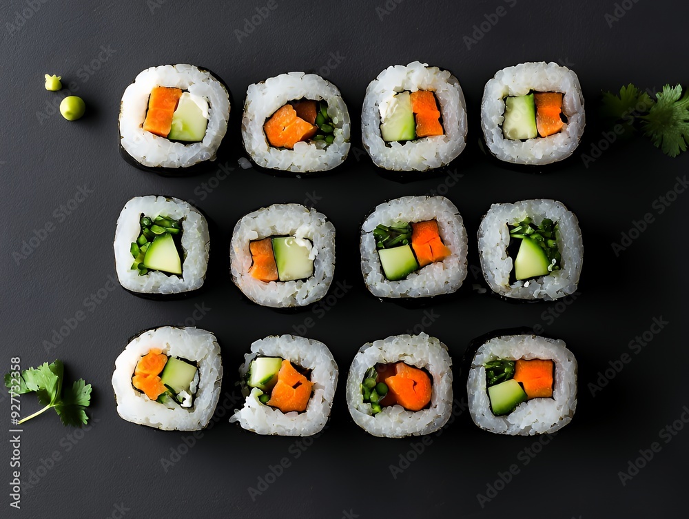 Twelve pieces of vegetarian sushi with avocado, cucumber, and carrot on a black background. Twelve pieces of vegetarian sushi with avocado, cucumber, and carrot on a black background.