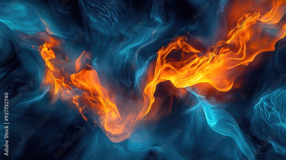 Fototapeta premium A mesmerizing abstract design featuring bright orange flames blending into cool blue water, creating a surreal visual effect