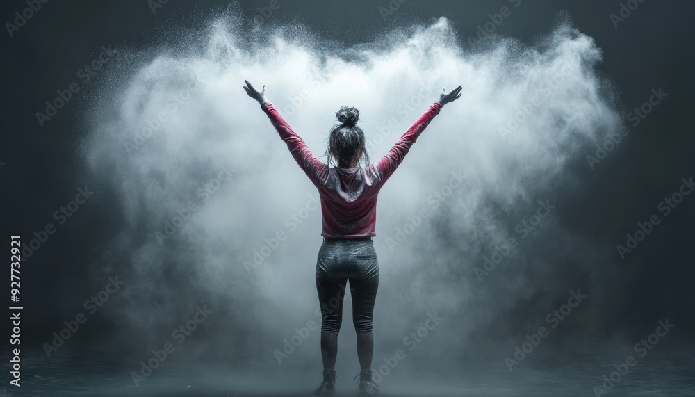 Woman in Sportswear with Cloud of Chalk Dust in Dark Studio, Celebrating Victory or Achievement Woman in Sportswear with Cloud of Chalk Dust in Dark Studio, Celebrating Victory or Achievement