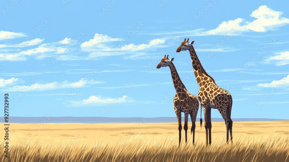 Obraz premium A pair of giraffes standing under a blue sky, with an expansive savanna background for inserting text.