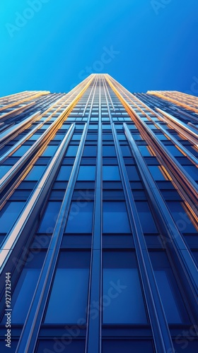 A striking vertical view of a modern skyscraper against a clear blue sky, showcasing its sleek lines and vibrant colors.