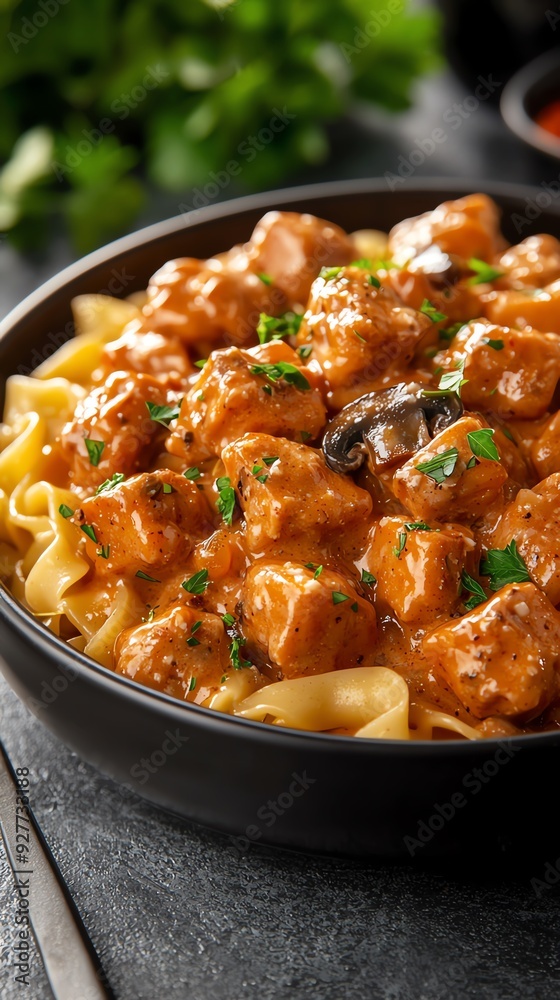 Turkey and mushroom stroganoff, served over a bed of egg noodles with a sprinkle of fresh parsley Turkey and mushroom stroganoff, served over a bed of egg noodles with a sprinkle of fresh parsley