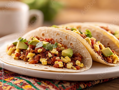 TexMex breakfast tacos on a white plate, filled with scrambled eggs, avocado, and salsa, set on a vibrant patterned cloth with a cup of coffee photo