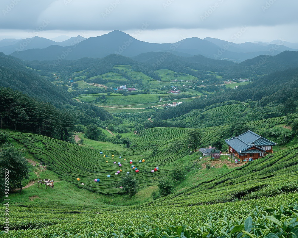 Fototapeta premium Panoramic view of a lush, green hillside with terraced tea plantations and a quaint wooden house amidst misty mountains under a cloudy sky