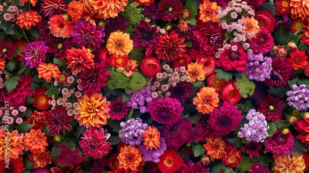 Flowers wall background with amazing red, orange, pink, purple, green, and white chrysanthemum flowers, wedding decoration Flowers wall background with amazing red, orange, pink, purple, green, and white chrysanthemum flowers, wedding decoration