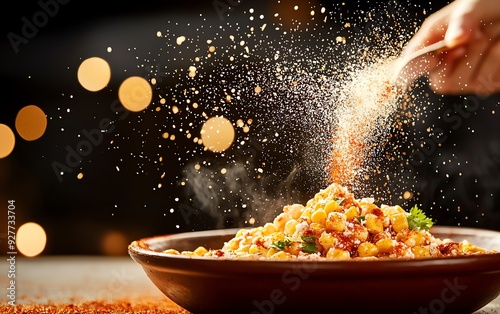 Vibrant bowl of esquites, Mexican street corn salad, with roasted kernels, crumbled cheese, and a sprinkle of chili powder, presented in a clay pot against a bright background