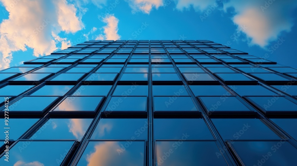 A stunning view of a modern glass building reaching towards the sky, reflecting the clouds and blue tones of a tranquil day. A stunning view of a modern glass building reaching towards the sky, reflecting the clouds and blue tones of a tranquil day.