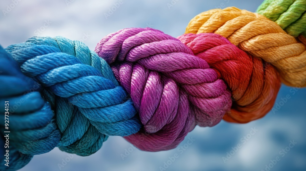 Team rope diverse strength connect partnership together teamwork unity communicate support. Strong diverse network rope team concept integrate braid color background cooperation empower power.Team rop