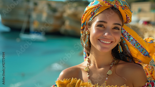 Young Moldovian girl in traditional dress at coastal rock cliff, showcasing cultural heritage with vibrant embroidered clothing, Eastern European fashion, and stunning natural background photo