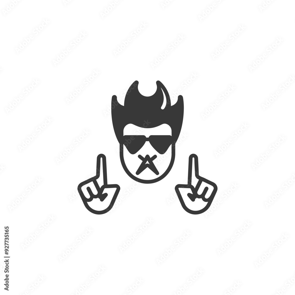 A cartoon character wearing sunglasses a hat and tape over his mouth with his index fingers raised A cartoon character wearing sunglasses a hat and tape over his mouth with his index fingers raised