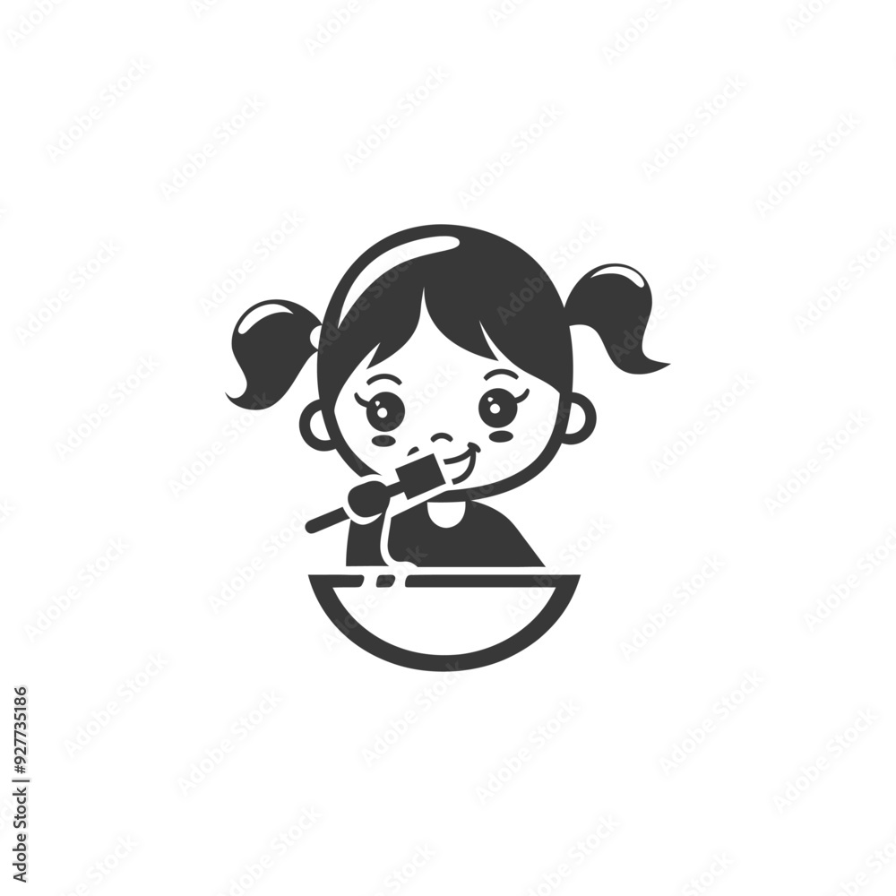 A Cartoon Girl Eating from a Bowl with a Spoon