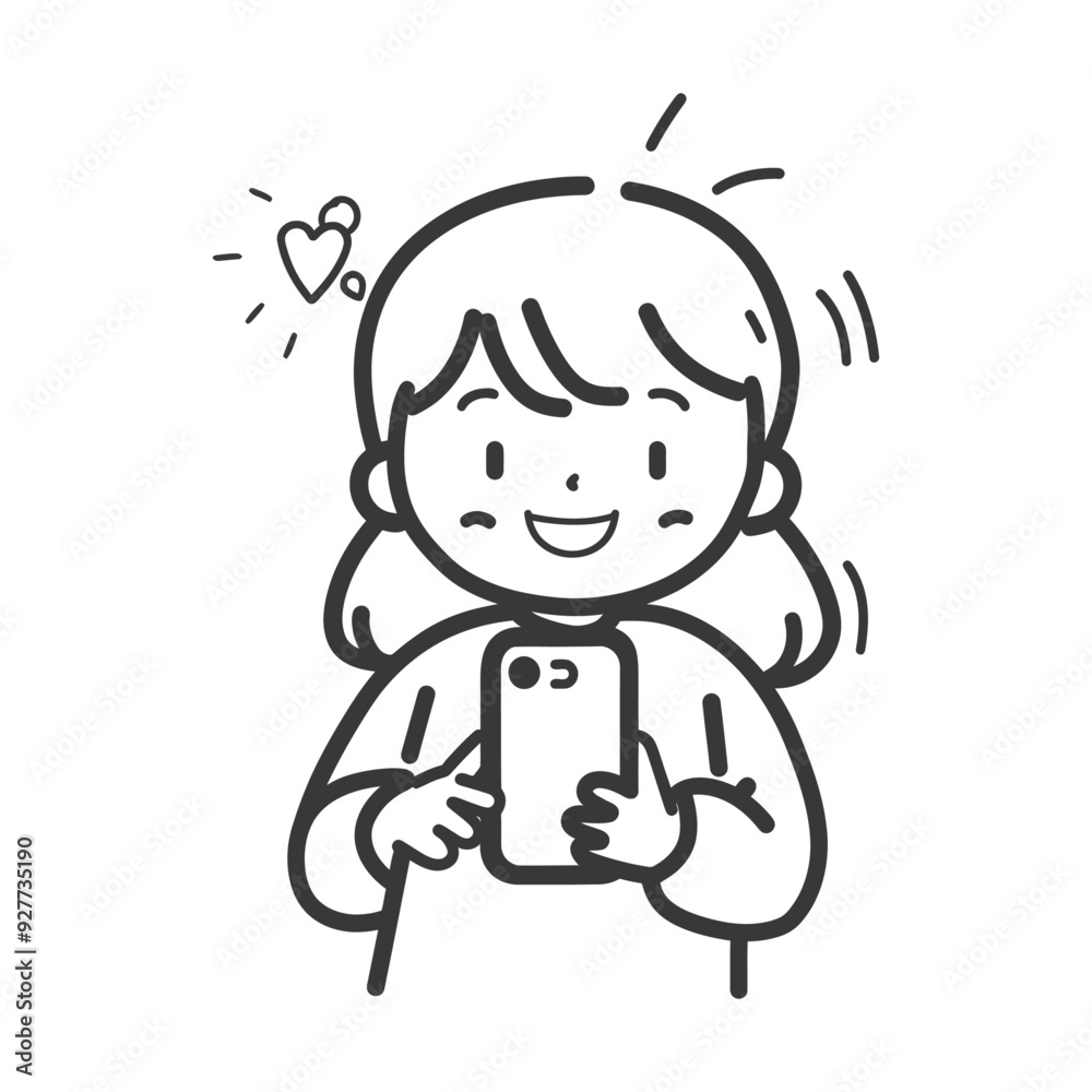 A cartoon girl holding a smartphone smiling with a heart above her head A cartoon girl holding a smartphone smiling with a heart above her head