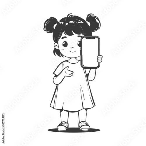 A Cartoon Girl Holding Up A Smartphone With A Blank Screen