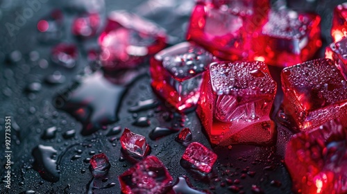 Red ice cubes on dark background