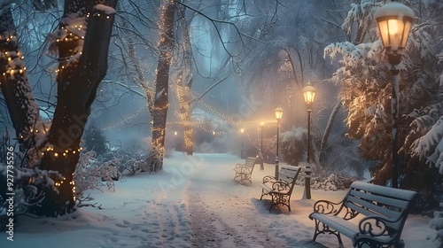 Winter forest park with snow-covered paths and trees