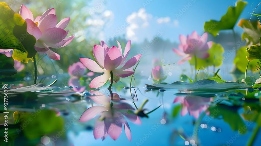 Obraz premium Lotuses delicate surrounded by water surface reflecting