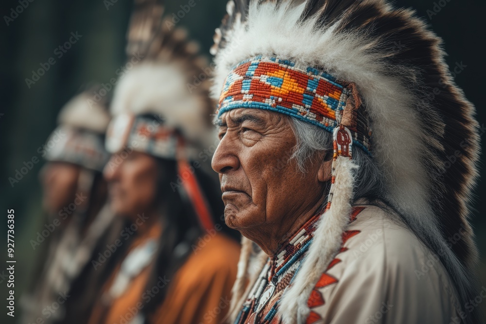 Obraz premium Elder Native American Chief in Traditional Headdress with Tribal Members in Background