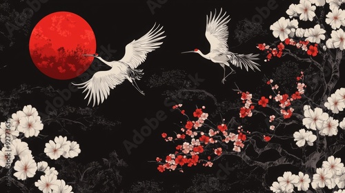 Decorative Japanese pattern with cranes and a bonsai tree, complemented by cherry blossoms. photo