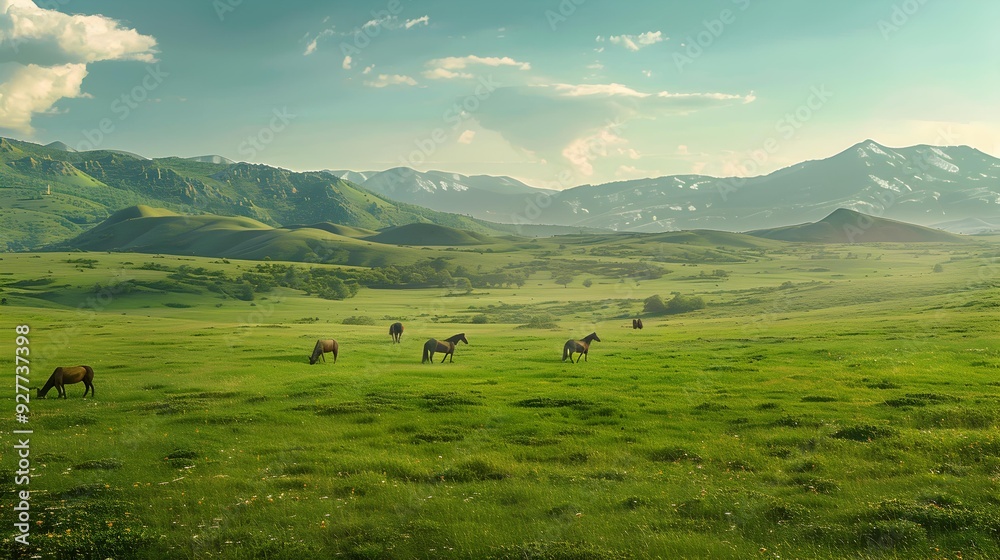 Fototapeta premium A green meadow surrounded by hills