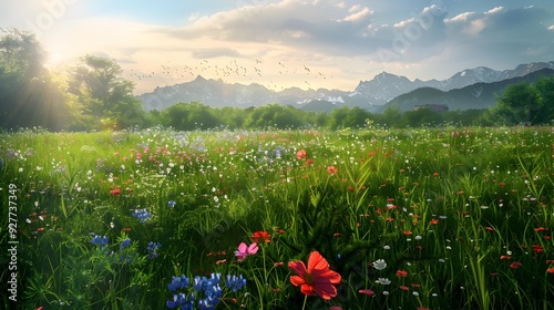 The meadow is green and spacious strewn photo