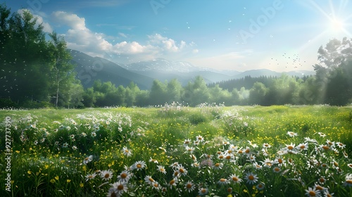 The meadow is green and spacious strewn photo