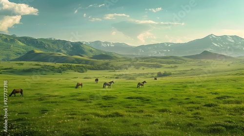 A green meadow surrounded by hills