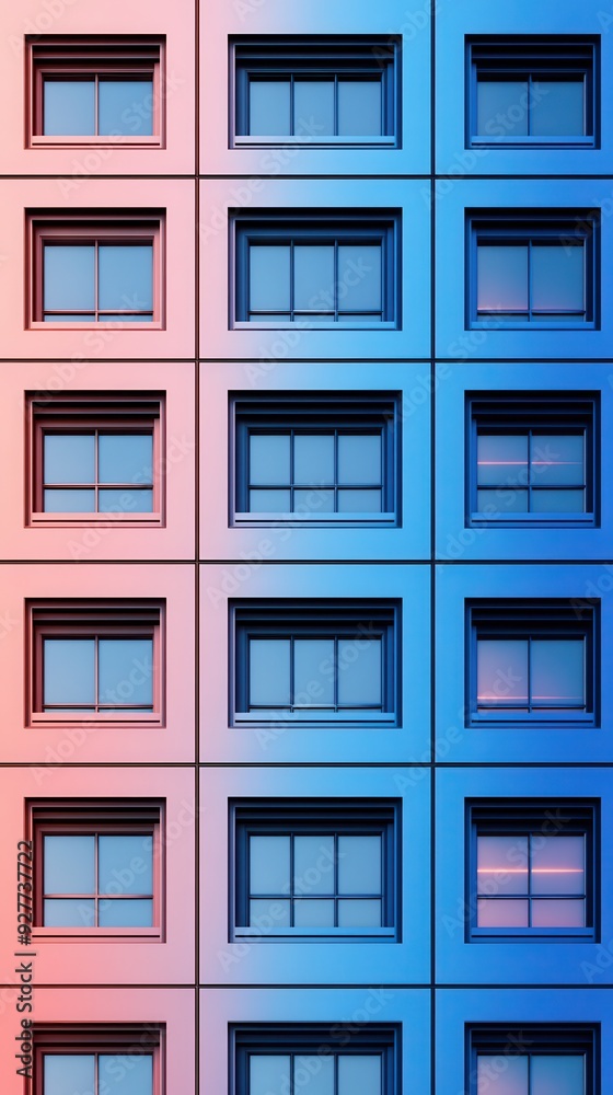 Vibrant modern building facade showcasing colorful gradient patterns and symmetrical window arrangements in urban architecture. Vibrant modern building facade showcasing colorful gradient patterns and symmetrical window arrangements in urban architecture.