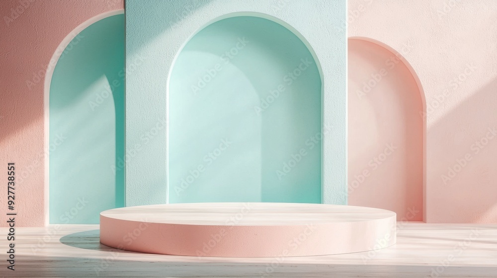 Pastel Teal Geometric Balance Display, featuring a smooth wood texture podium, ideal for showcasing cosmetic products in a harmonious pastel teal and soft pink setting. Pastel Teal Geometric Balance Display, featuring a smooth wood texture podium, ideal for showcasing cosmetic products in a harmonious pastel teal and soft pink setting.