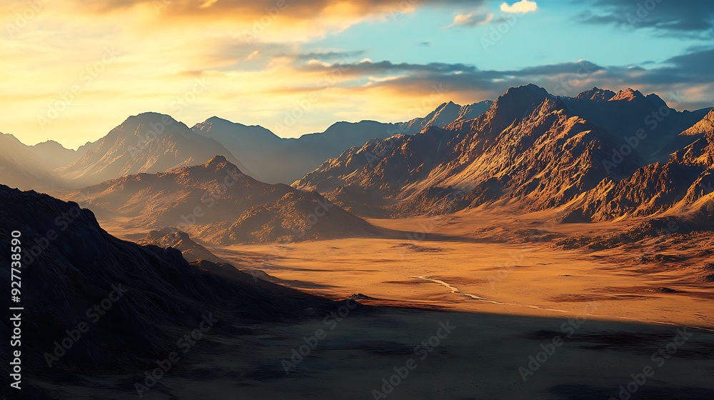 Fototapeta premium A Golden Desert Valley Surrounded by Majestic Mountains at Sunset
