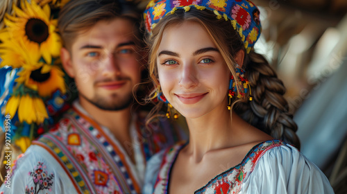 Young Adult Moldova Couple Standing Together in cafe, Wearing Traditional Sress Attire, Cultural Heritage, Romantic indoor Setting, Authentic Eastern European tradition