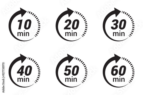 Minute timer icons, vector set. 10, 20, 30, 40, 50, 60 Minute timer icons set.  Countdown timer symbol, vector, icon set. Timer, clock, stopwatch set, vector, silhouette icons. Vector illustration.