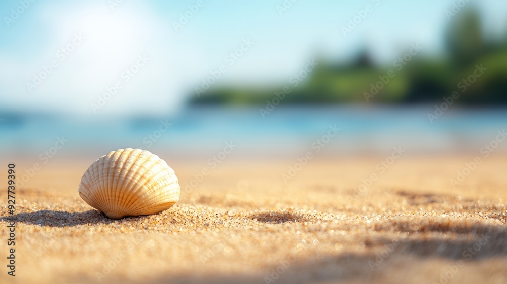 A close-up view of a beautiful seashell resting on golden sand, with a serene beach and clear blue water in the background. A close-up view of a beautiful seashell resting on golden sand, with a serene beach and clear blue water in the background.