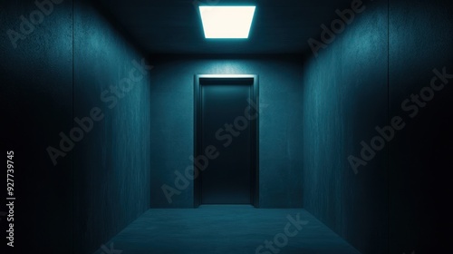 A dimly lit corridor with a glowing ceiling and an ominous elevator door, creating an atmosphere of mystery and anticipation.