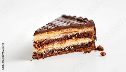 Piece of tasty Prague cake on white background