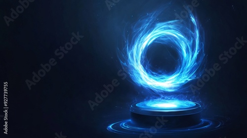 Portal light effect on a dark background. Light bright blue swirl. Bright light round teleport podium. 