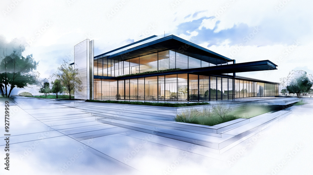 An architectural drawing of a modern building featuring sustainable design elements such as passive solar heating, green roofs, and recycled materials An architectural drawing of a modern building featuring sustainable design elements such as passive solar heating, green roofs, and recycled materials